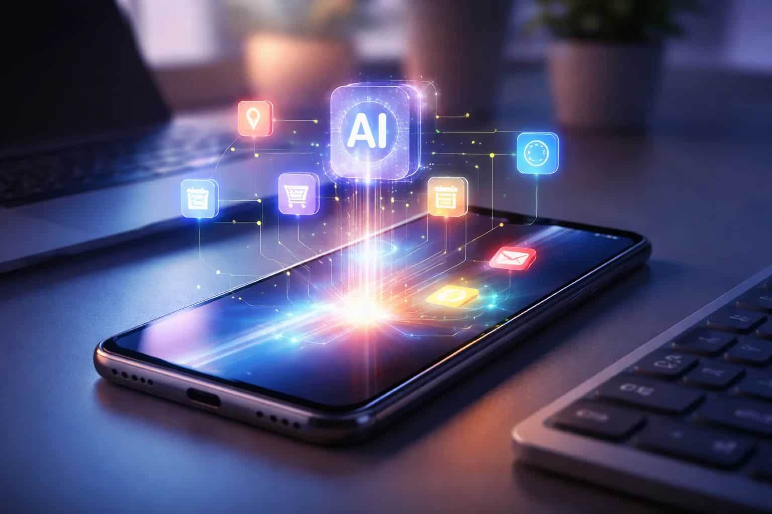 Nowoczesny smartfon z interfejsem AI wykonującym zadania w aplikacjach