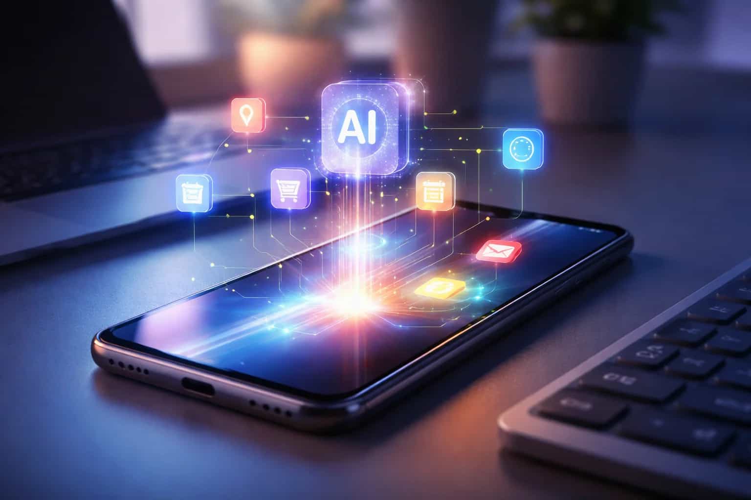 Nowoczesny smartfon z interfejsem AI wykonującym zadania w aplikacjach