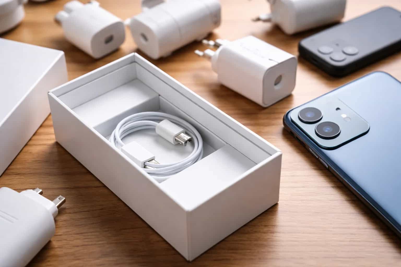 Smartfon i kabel USB-C w pudełku bez dołączonej ładowarki