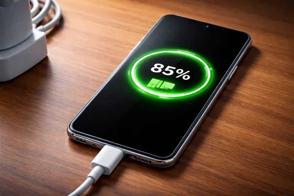 Smartfon podłączony do ładowarki z widocznym wskaźnikiem baterii