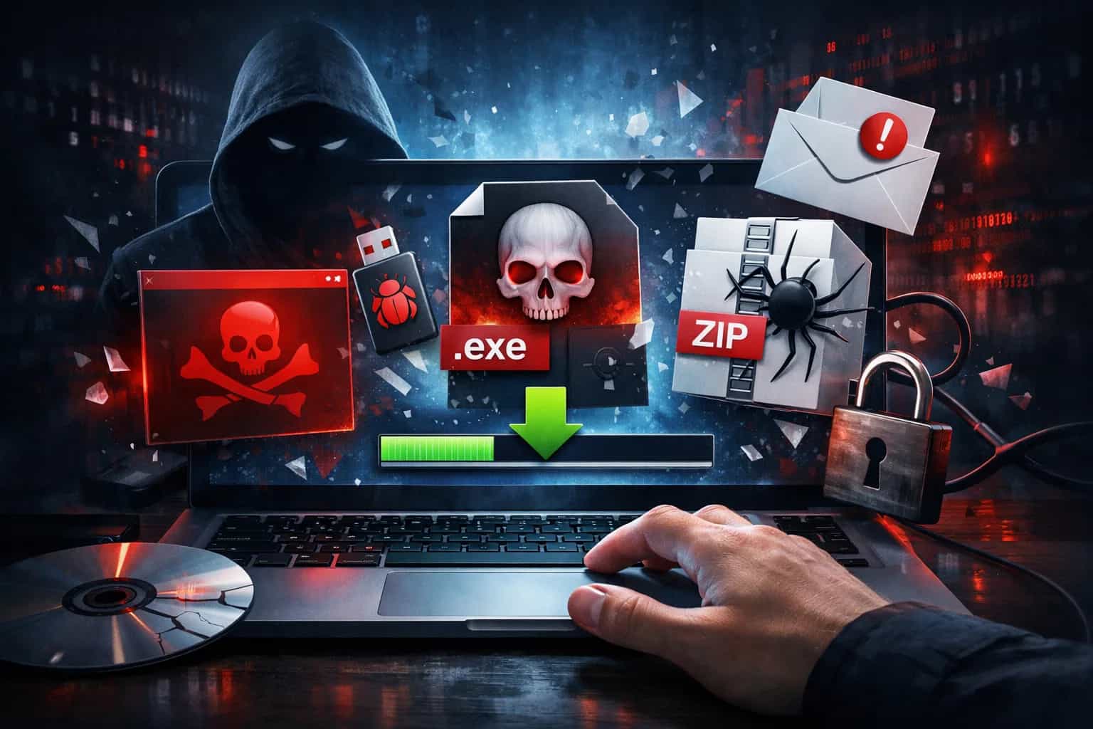 Pobieranie pliku z internetu na laptopie z widocznym ostrzeżeniem bezpieczeństwa