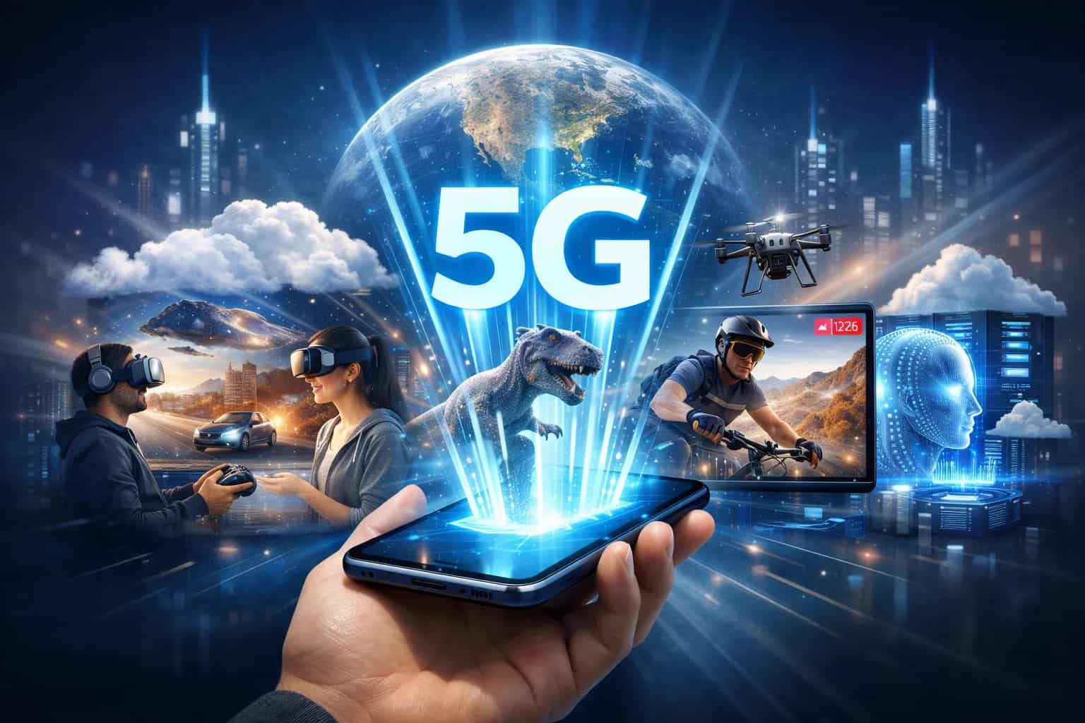 Smartfon z ikoną 5G i wizualizacją działania nowoczesnych aplikacji mobilnych