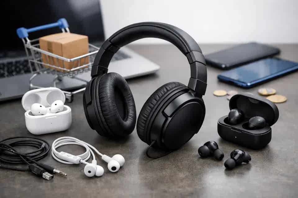 Tanie słuchawki TWS i nauszne do 150 zł obok smartfona