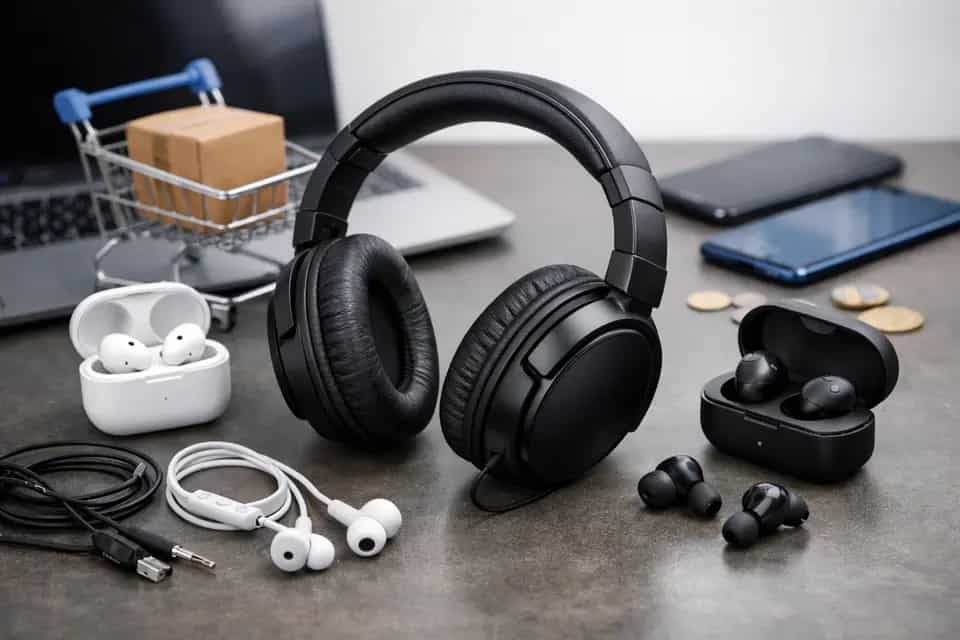 Tanie słuchawki TWS i nauszne do 150 zł obok smartfona