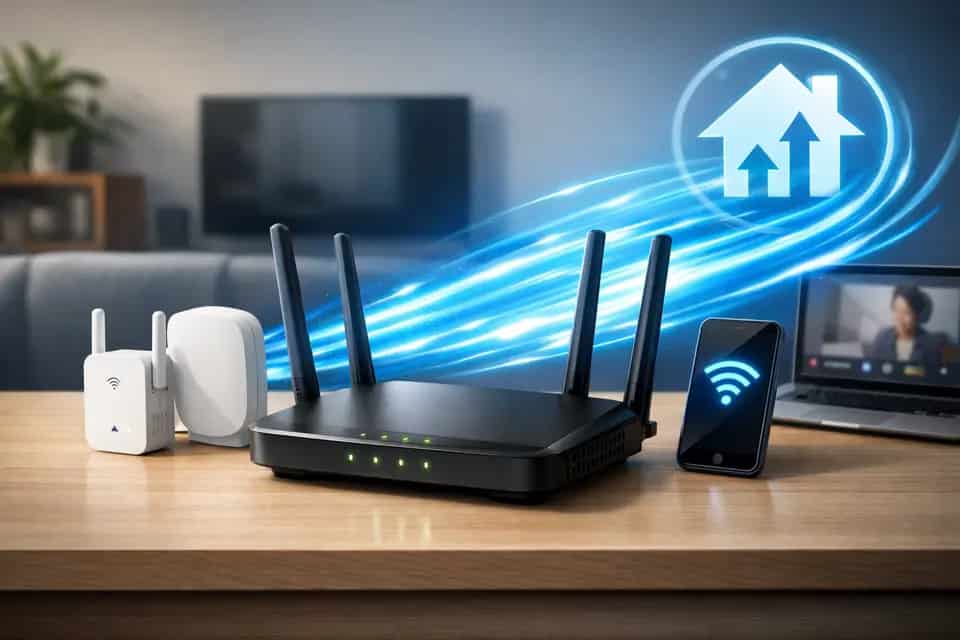 Router Wi‑Fi ustawiony centralnie w mieszkaniu dla lepszego zasięgu sieci