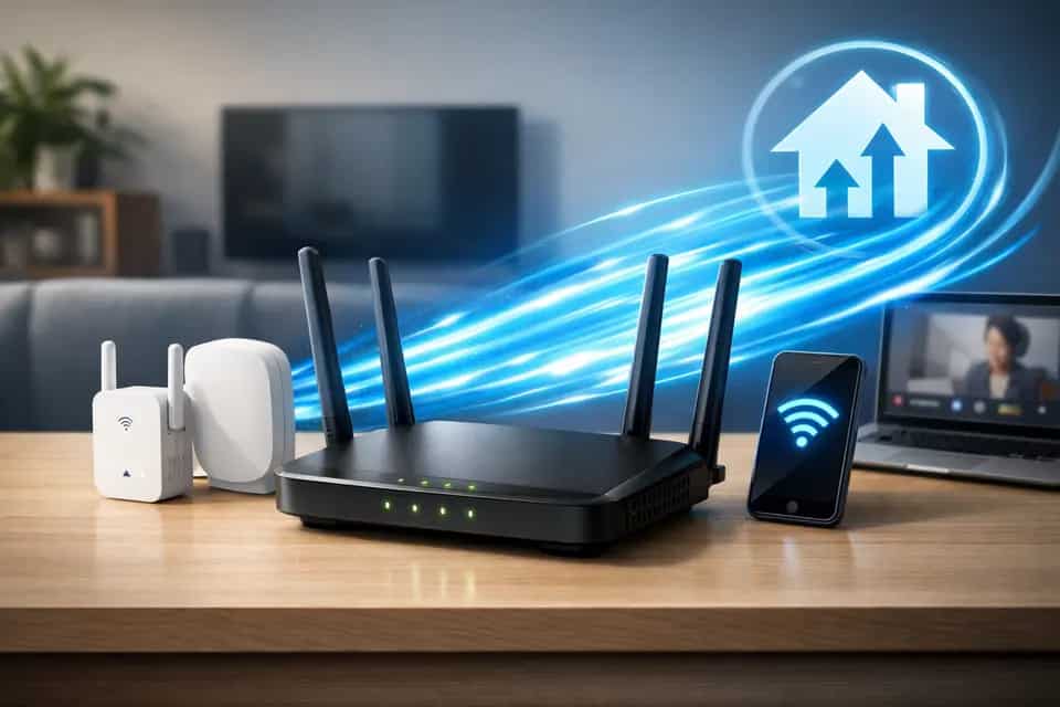 Router Wi‑Fi ustawiony centralnie w mieszkaniu dla lepszego zasięgu sieci