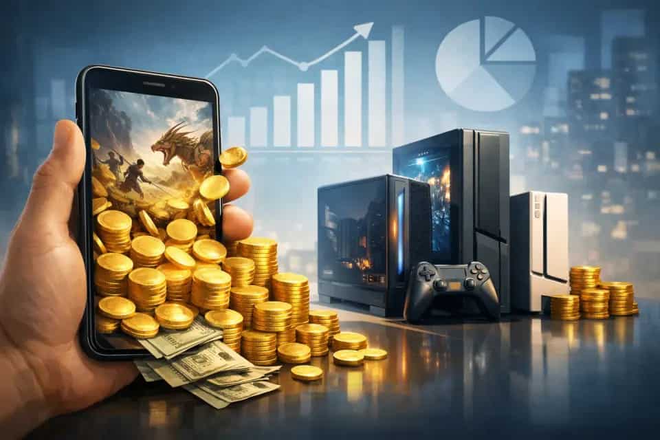 Osoba grająca na smartfonie z wykresami wzrostu rynku gier mobilnych w tle