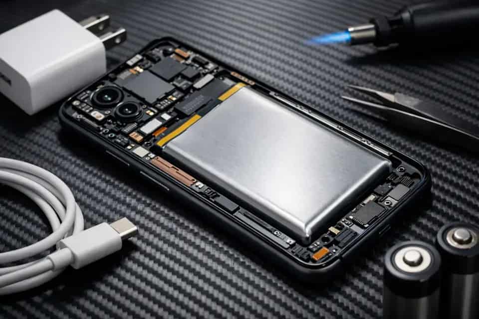 Smartfon ładowany przewodem z widoczną grafiką baterii