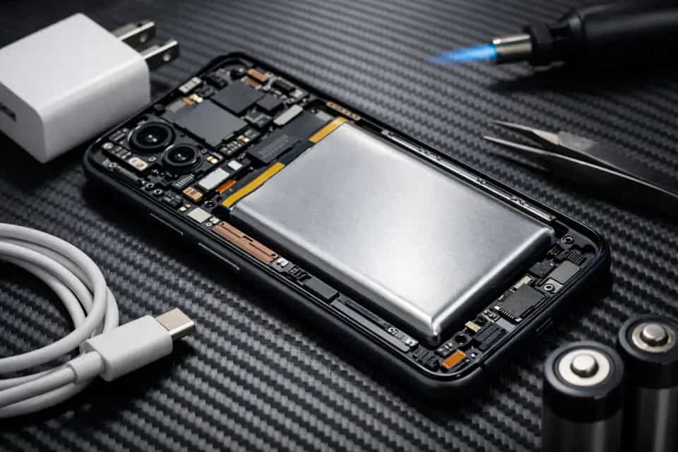 Smartfon ładowany przewodem z widoczną grafiką baterii