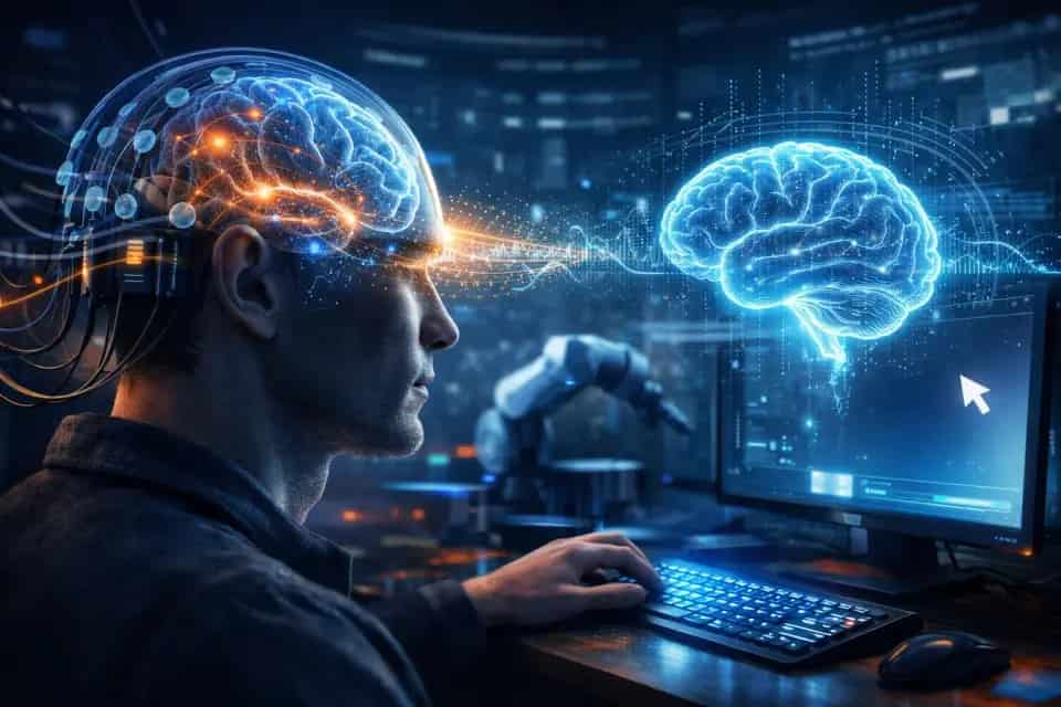 Osoba korzystająca z interfejsu mózg-komputer podczas obsługi komputera