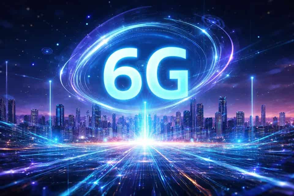 Wizualizacja sieci 6G nad nowoczesnym miastem z połączonymi urządzeniami