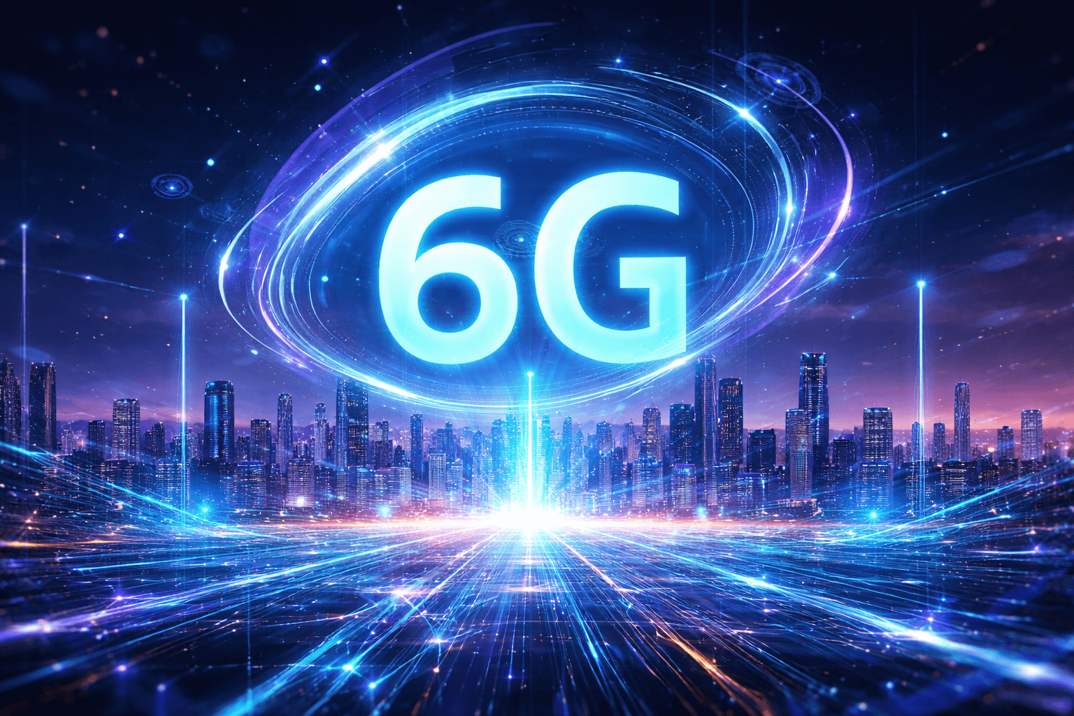 Wizualizacja sieci 6G nad nowoczesnym miastem z połączonymi urządzeniami