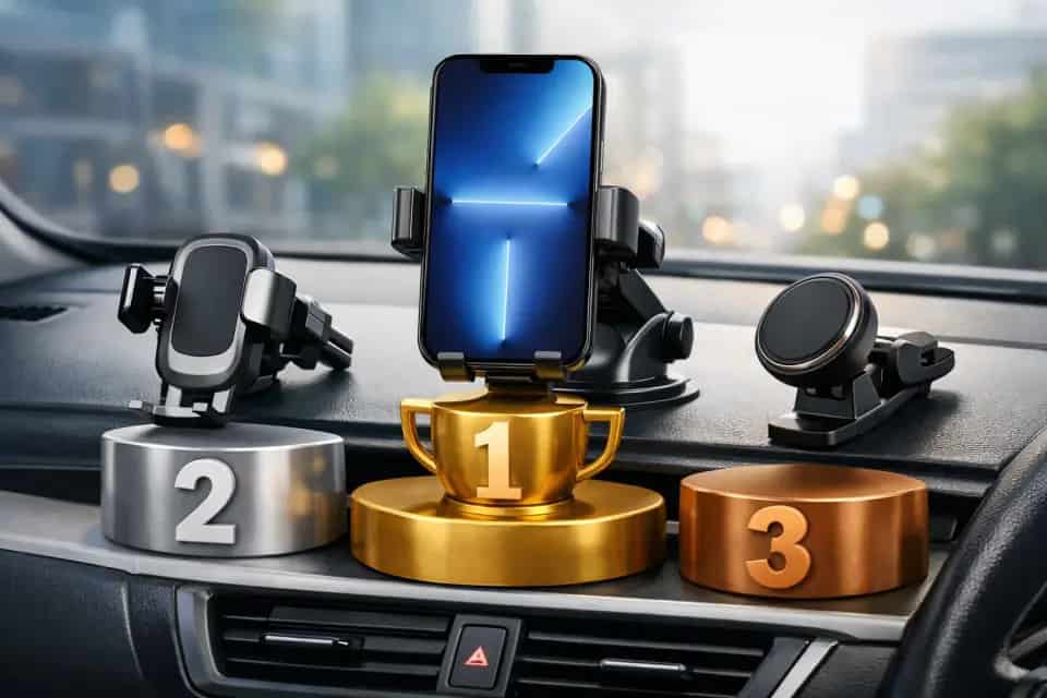 Uchwyt samochodowy na telefon zamocowany przy desce rozdzielczej auta