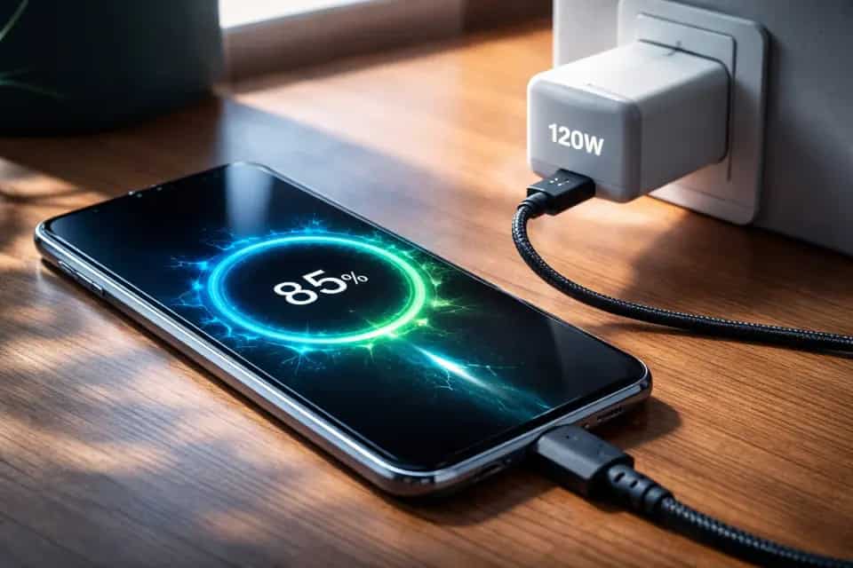 Smartfon podłączony do szybkiej ładowarki z widocznym wskaźnikiem ładowania baterii