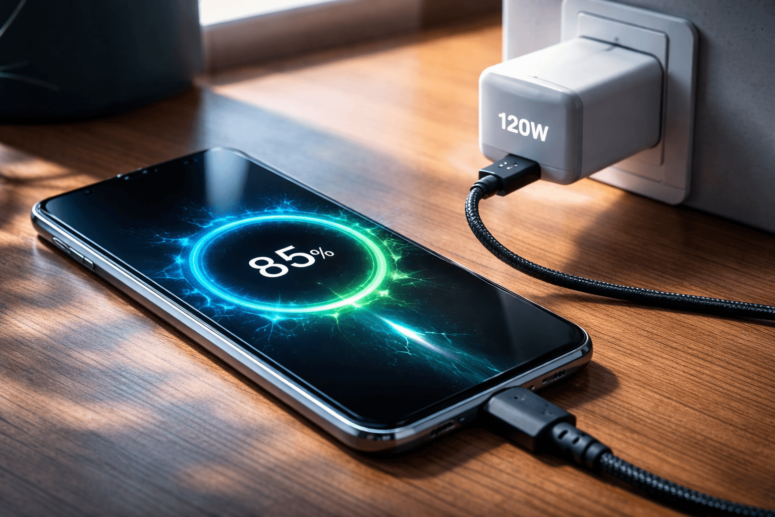 Smartfon podłączony do szybkiej ładowarki z widocznym wskaźnikiem ładowania baterii