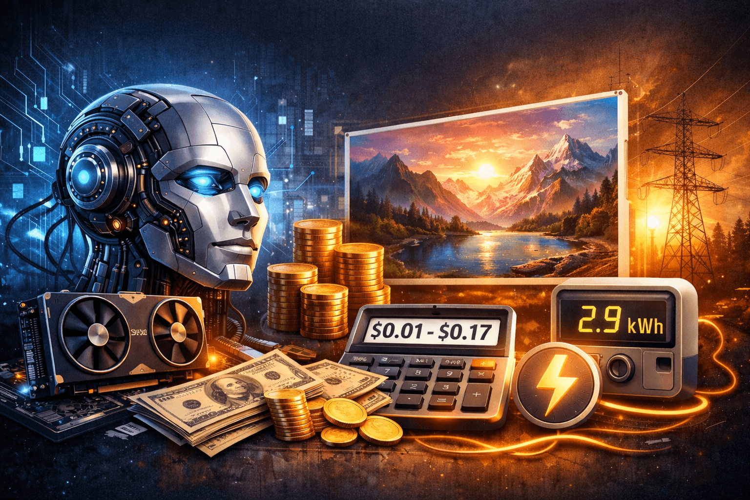 Grafika przedstawiająca generowanie obrazu AI z ikonami GPU, energii i kosztów API