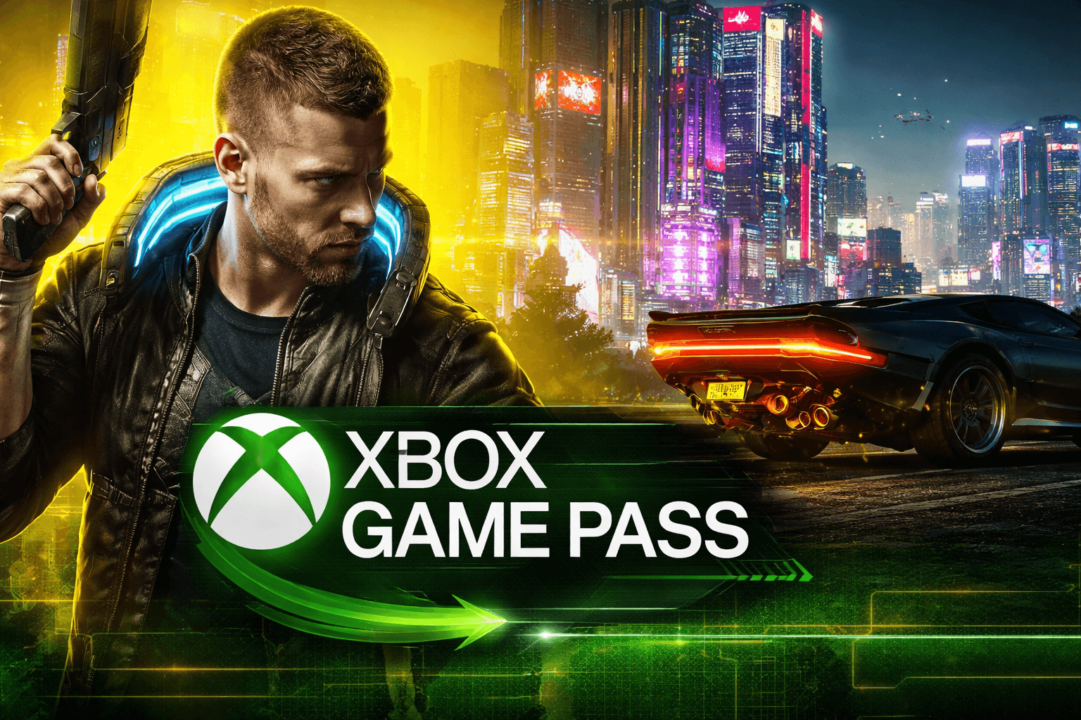 Grafika z Cyberpunkiem 2077 i logo Xbox Game Pass