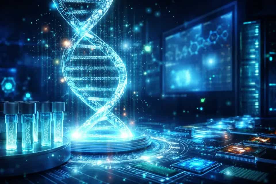Wizualizacja nici DNA jako nośnika cyfrowych danych na tle infrastruktury serwerowej