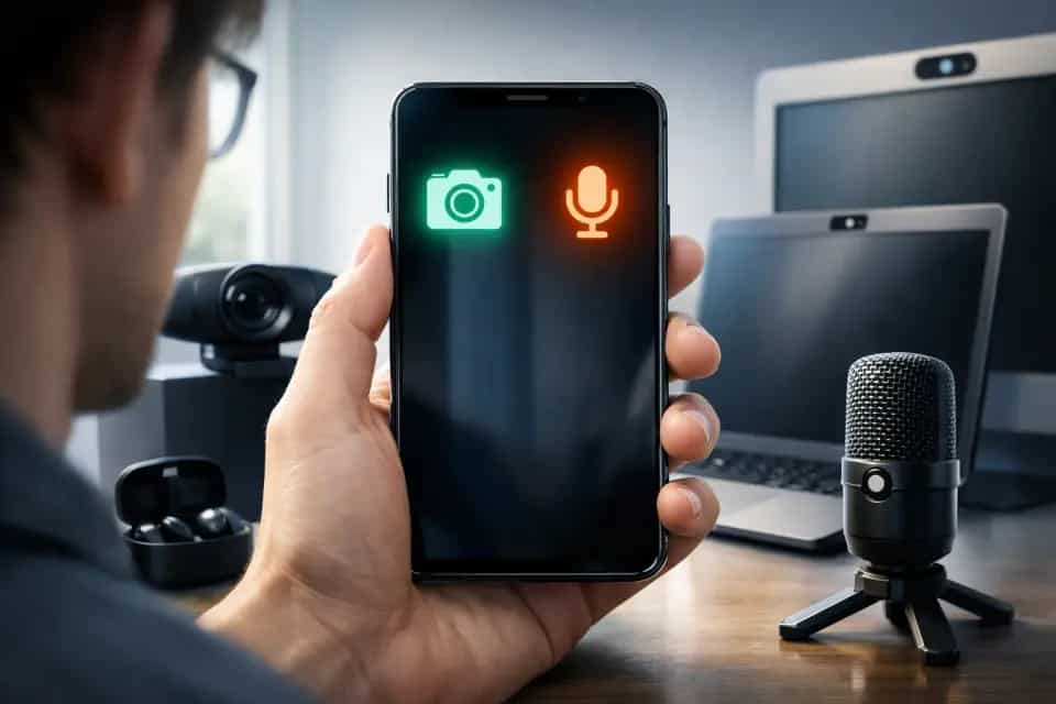 Ekran smartfona z ikonami prywatności mikrofonu i kamery