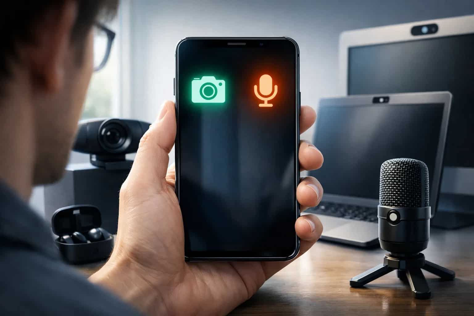 Ekran smartfona z ikonami prywatności mikrofonu i kamery
