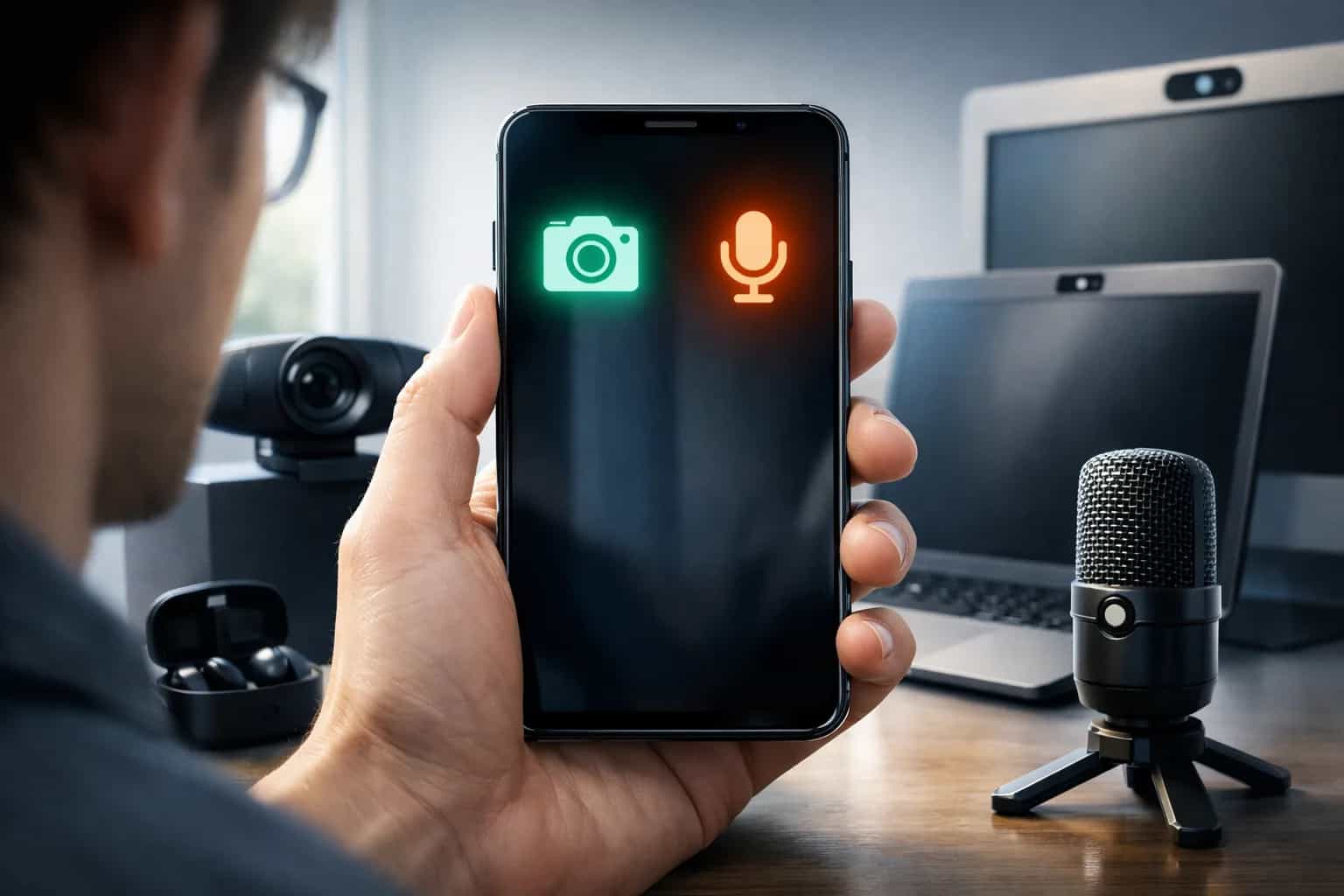 Ekran smartfona z ikonami prywatności mikrofonu i kamery