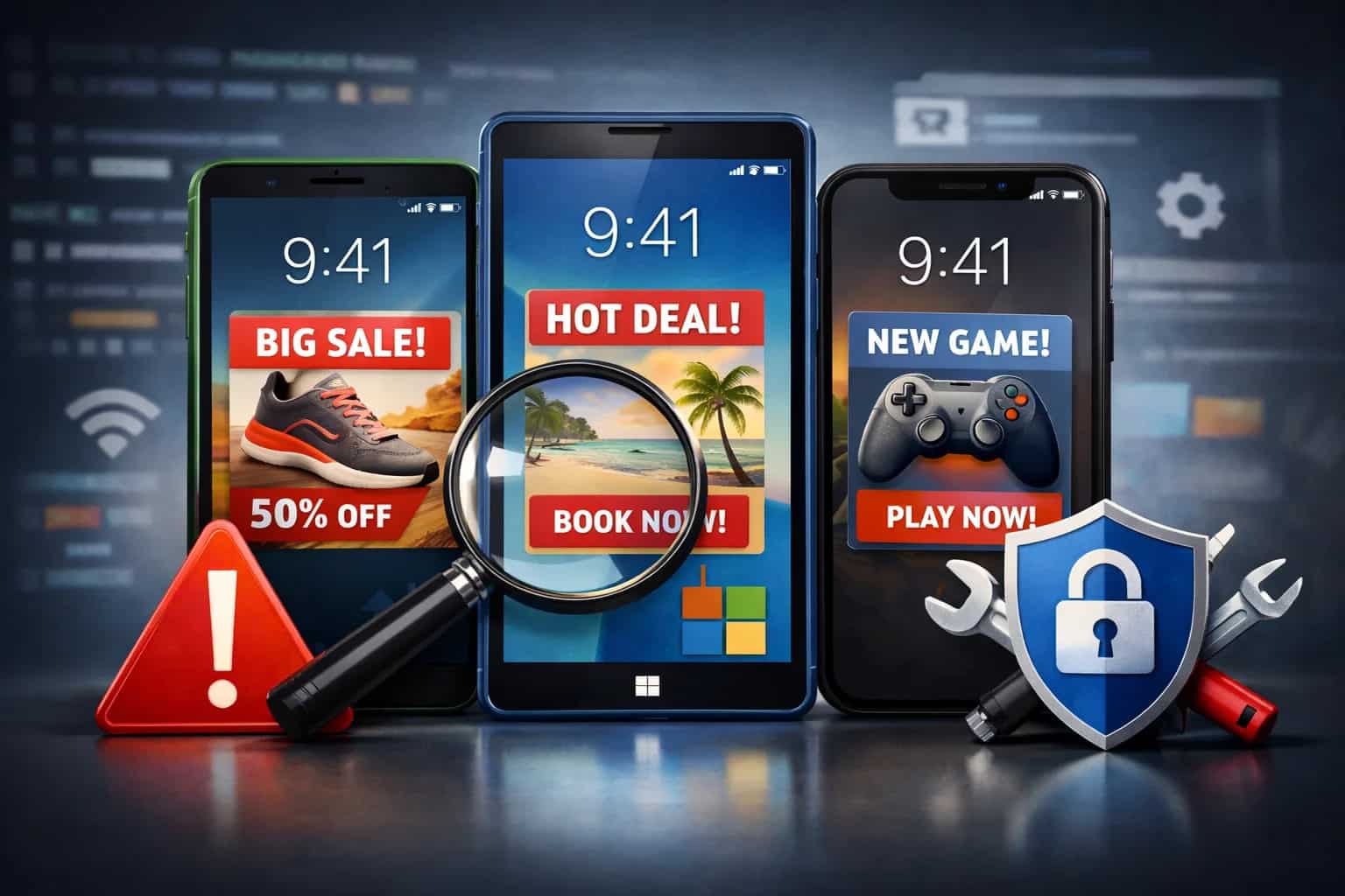 Smartfon z ekranem blokady i widocznymi powiadomieniami reklamowymi