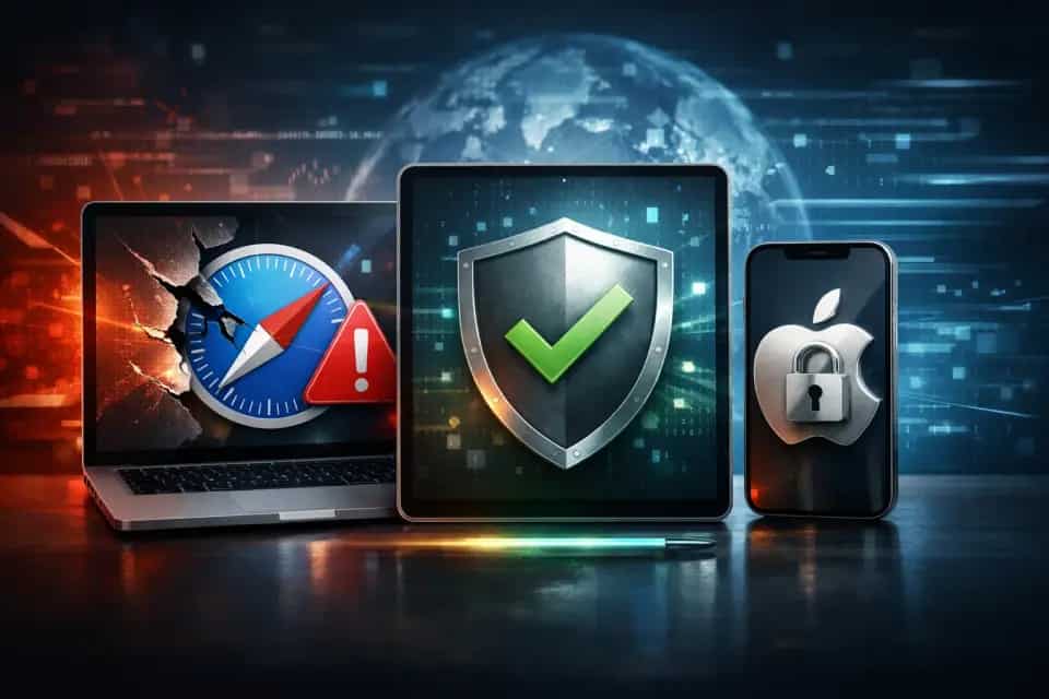 iPhone i Mac z otwartą przeglądarką Safari i informacją o poprawce bezpieczeństwa