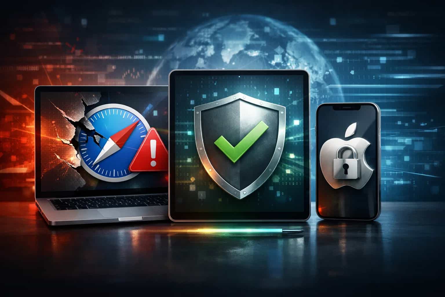 iPhone i Mac z otwartą przeglądarką Safari i informacją o poprawce bezpieczeństwa