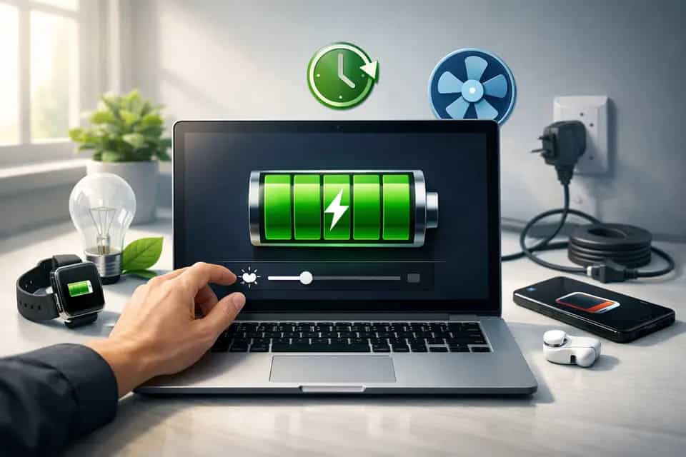 Laptop na biurku z podłączoną ładowarką i widoczną ikoną baterii