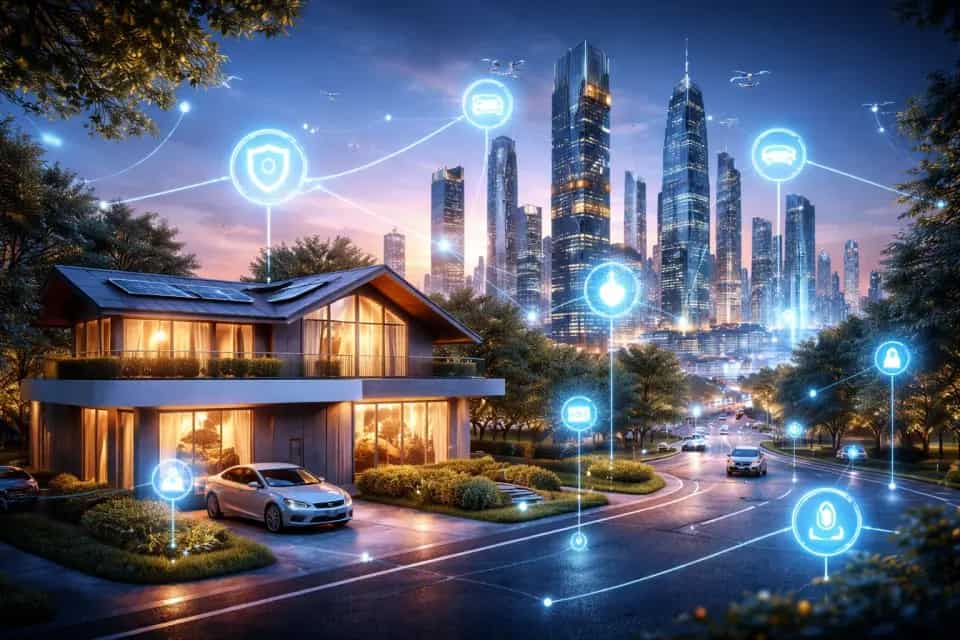 Nowoczesne miasto i inteligentny dom połączone siecią czujników oraz systemów IoT