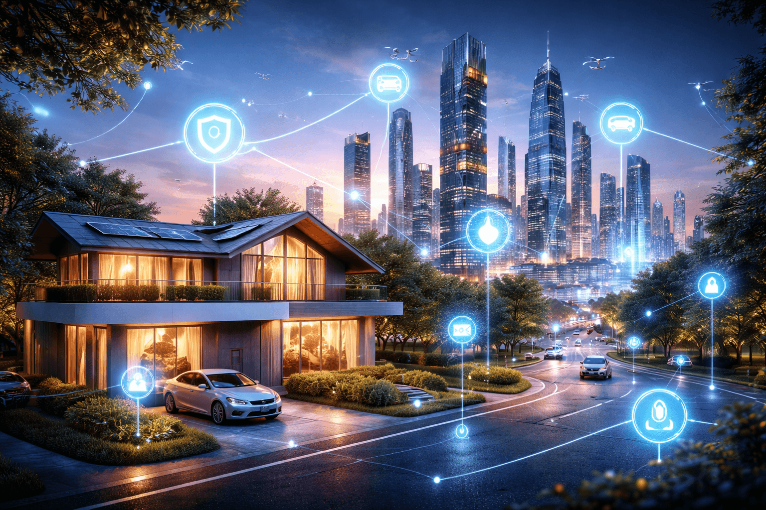 Nowoczesne miasto i inteligentny dom połączone siecią czujników oraz systemów IoT