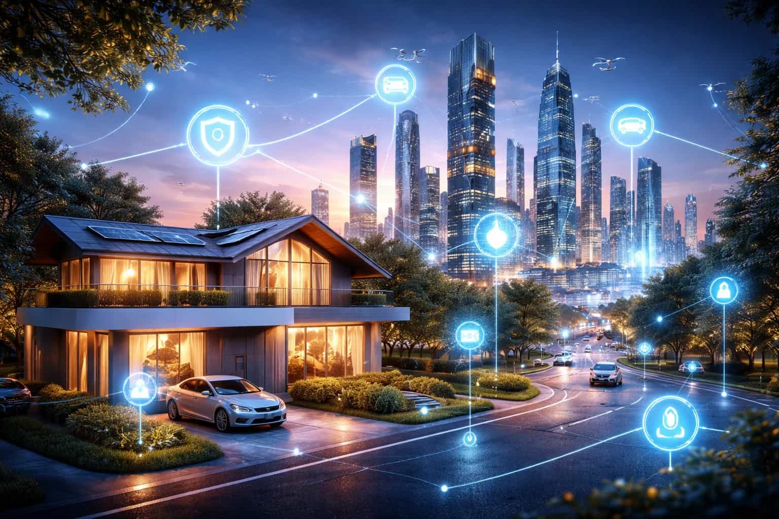 Nowoczesne miasto i inteligentny dom połączone siecią czujników oraz systemów IoT