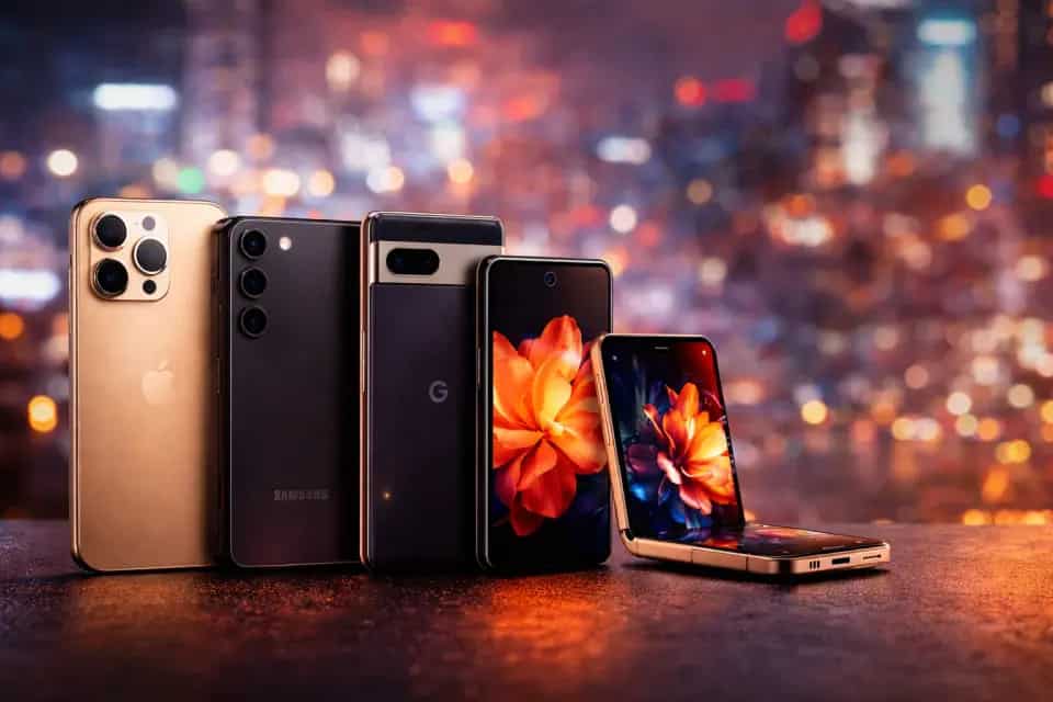 Nowoczesne smartfony premium ułożone obok siebie z widocznymi ekranami i aparatami