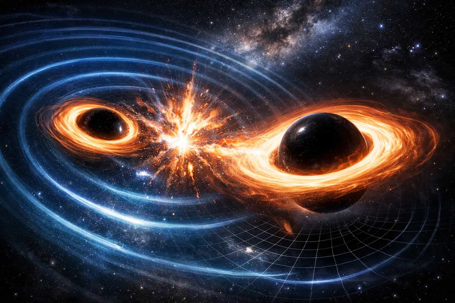 Wizualizacja zderzenia dwóch czarnych dziur i emitowanych fal grawitacyjnych