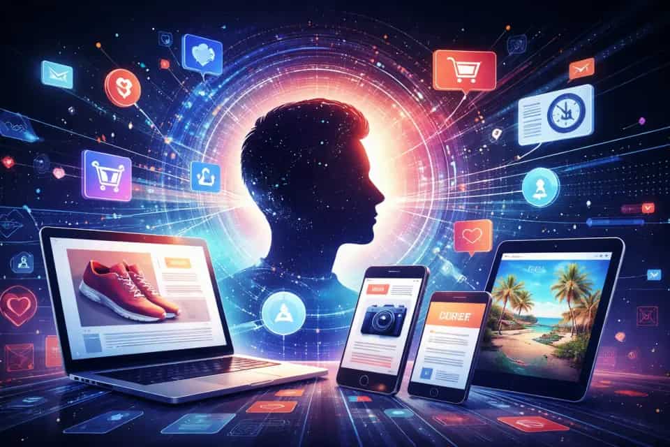 Spersonalizowane reklamy wyświetlane na ekranie laptopa podczas przeglądania internetu