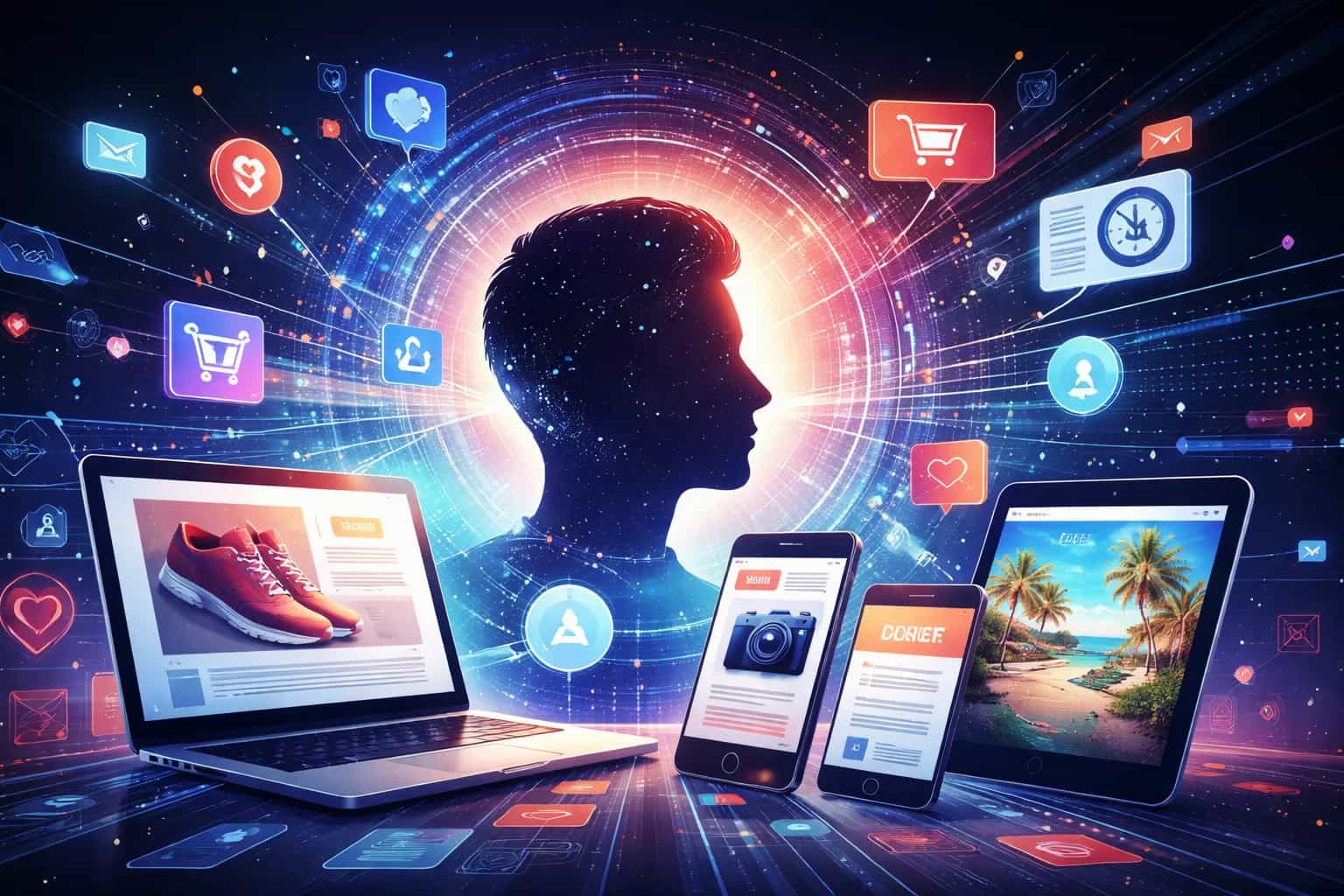 Spersonalizowane reklamy wyświetlane na ekranie laptopa podczas przeglądania internetu