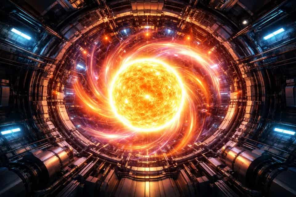 Wizualizacja reaktora fuzyjnego z rozświetloną plazmą wewnątrz komory