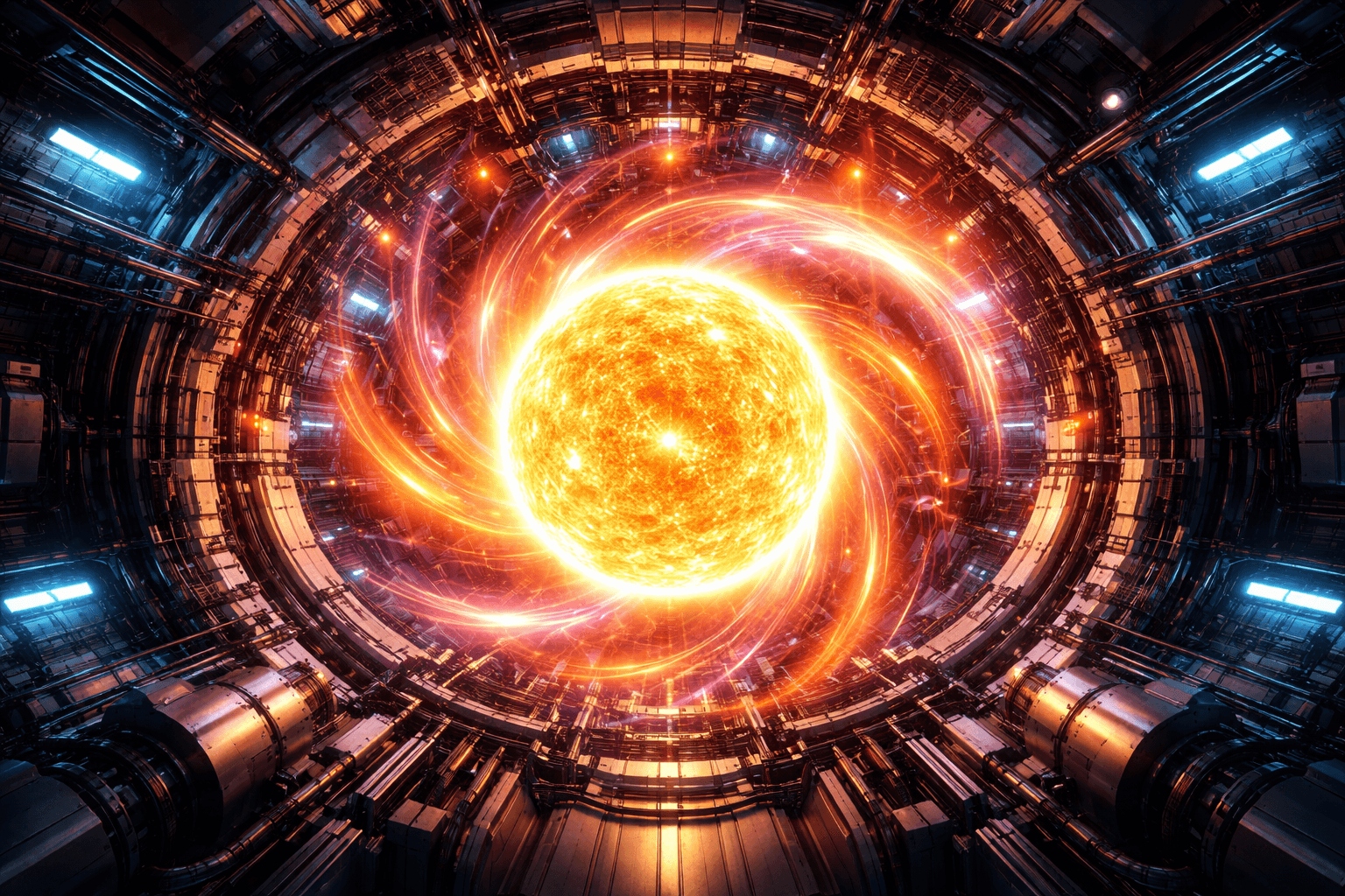 Wizualizacja reaktora fuzyjnego z rozświetloną plazmą wewnątrz komory