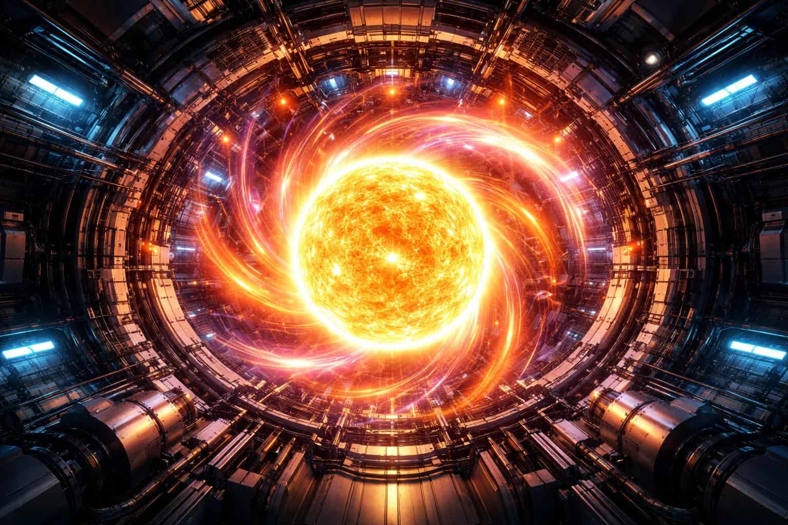 Wizualizacja reaktora fuzyjnego z rozświetloną plazmą wewnątrz komory