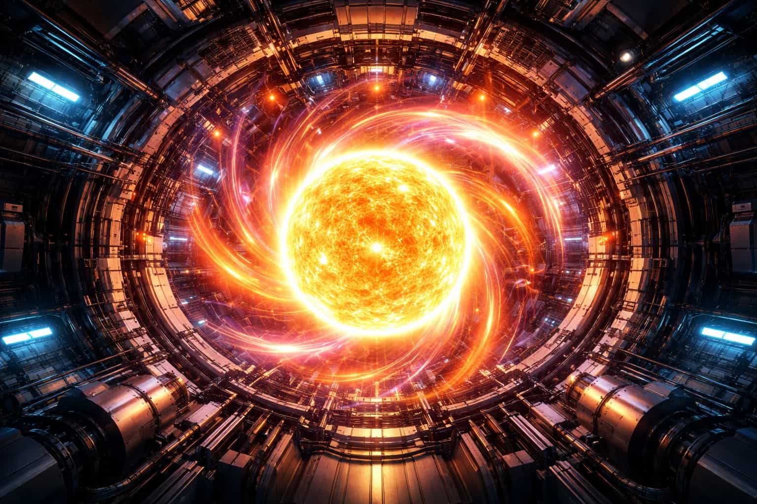 Wizualizacja reaktora fuzyjnego z rozświetloną plazmą wewnątrz komory