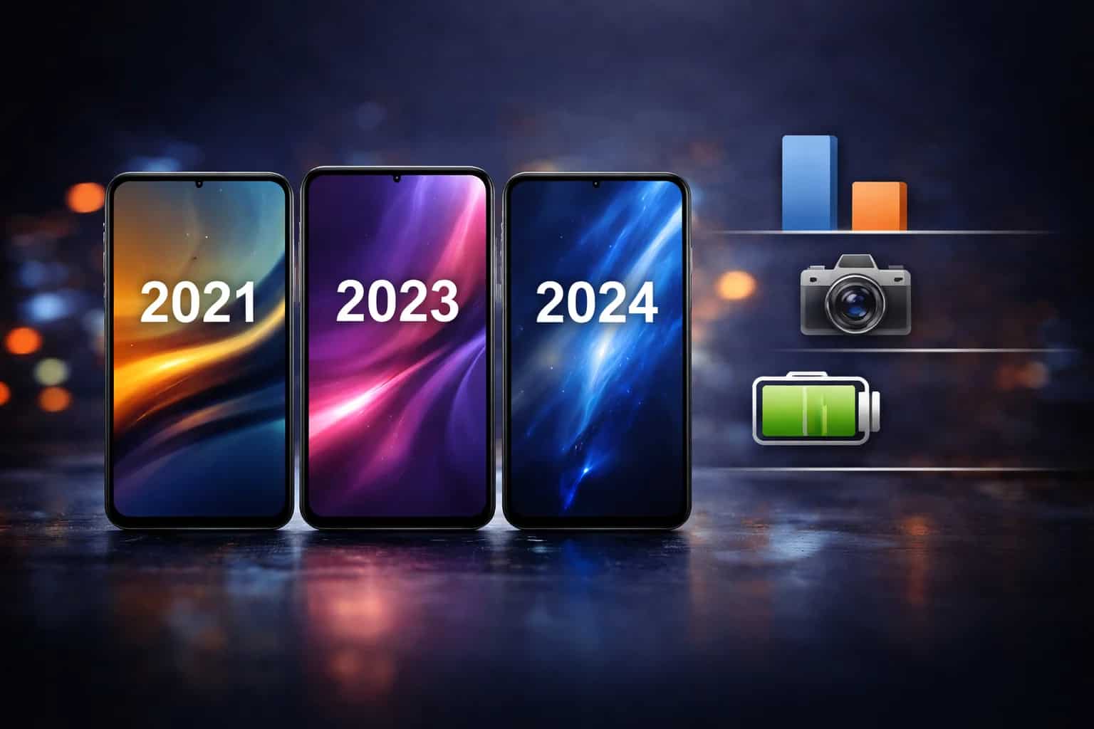 Kilka nowoczesnych smartfonów obok siebie, pokazujących podobny design kolejnych generacji