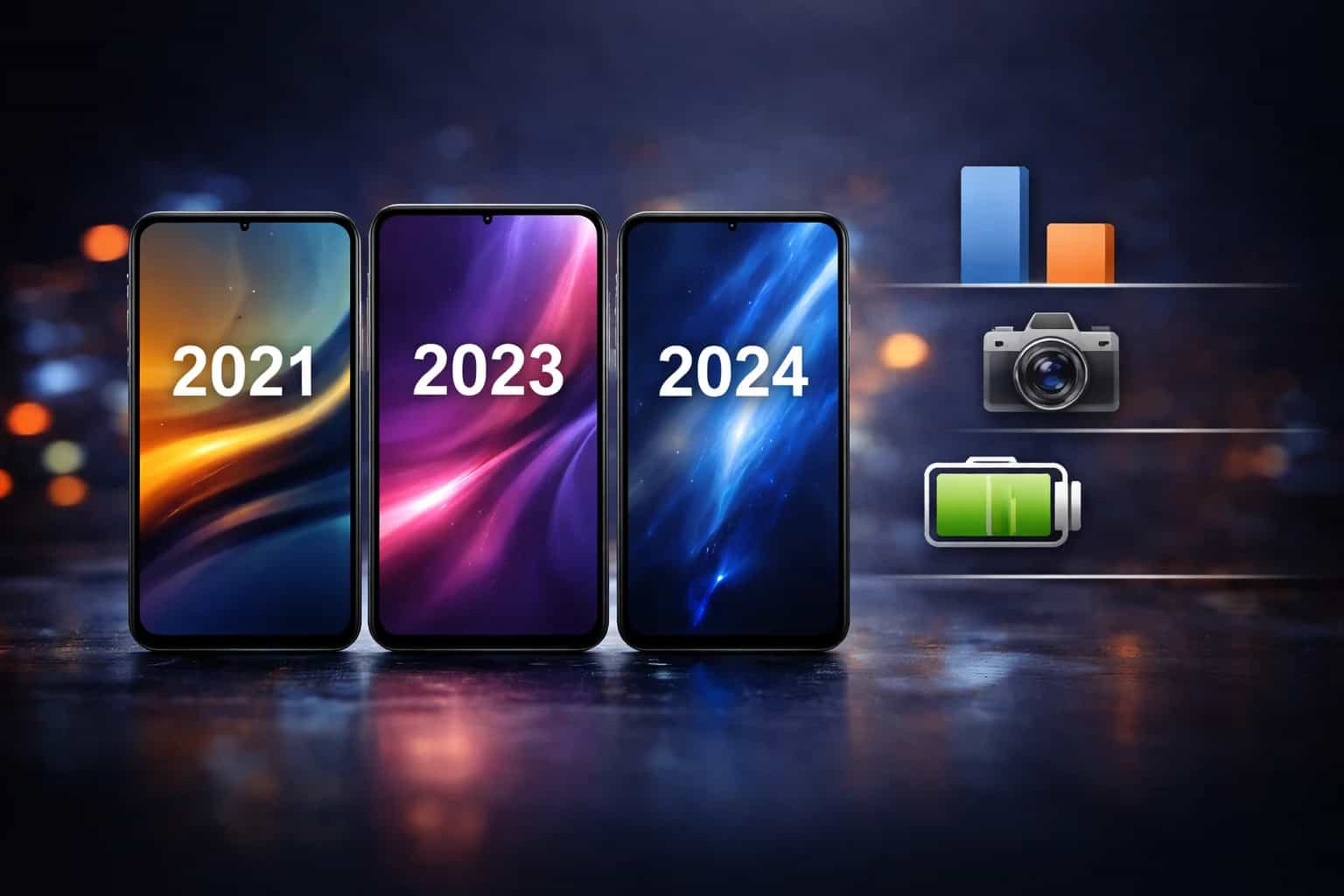 Kilka nowoczesnych smartfonów obok siebie, pokazujących podobny design kolejnych generacji