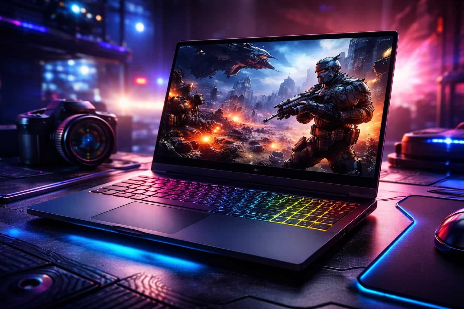 Laptop gamingowy z podświetlaną klawiaturą i grą uruchomioną na ekranie
