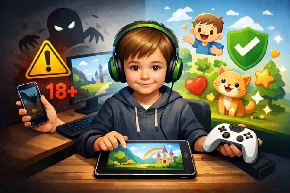 Dziecko grające w spokojną grę na tablecie pod kontrolą rodzica