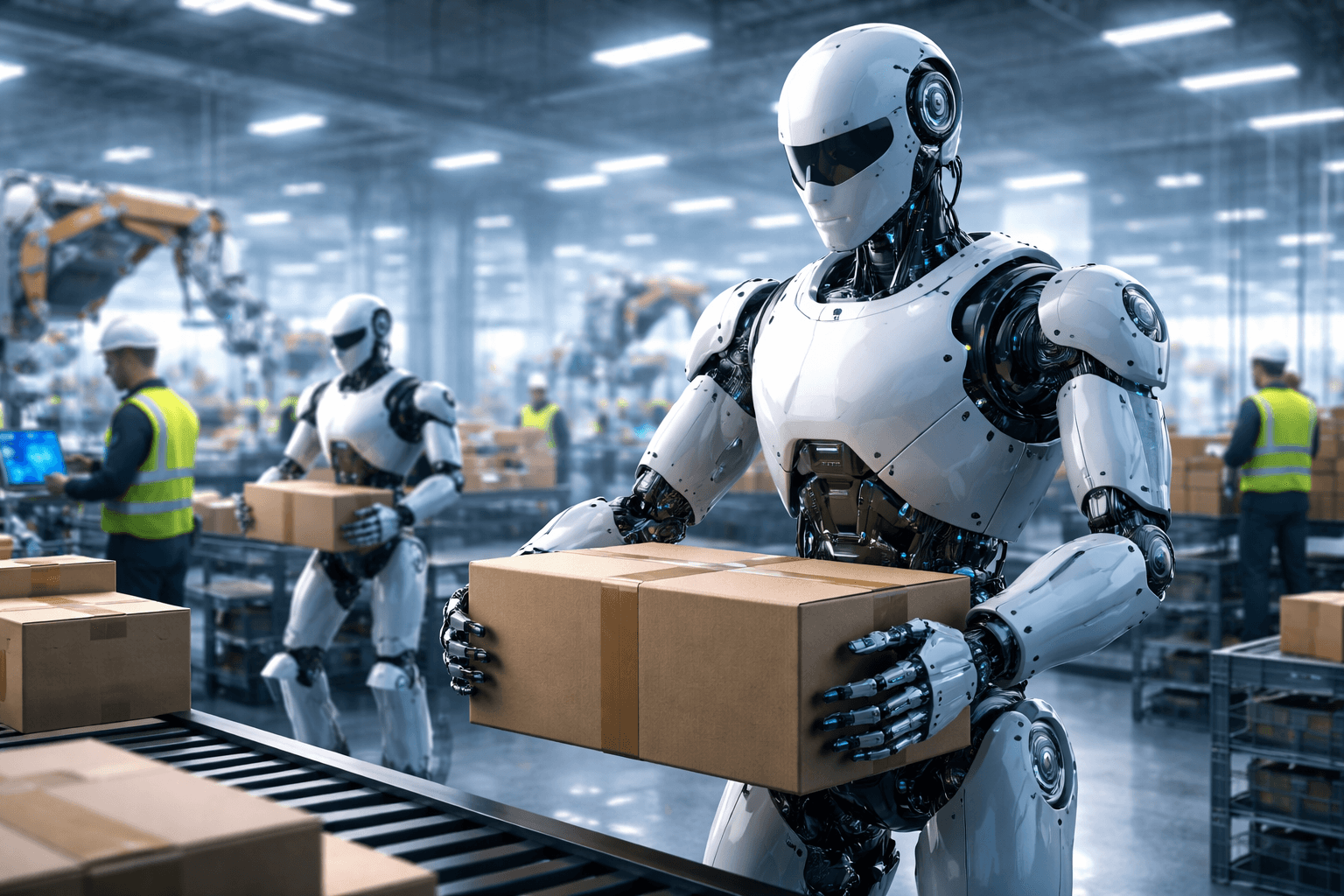 Robot humanoidalny pracujący w nowoczesnej hali produkcyjnej obok linii montażowej