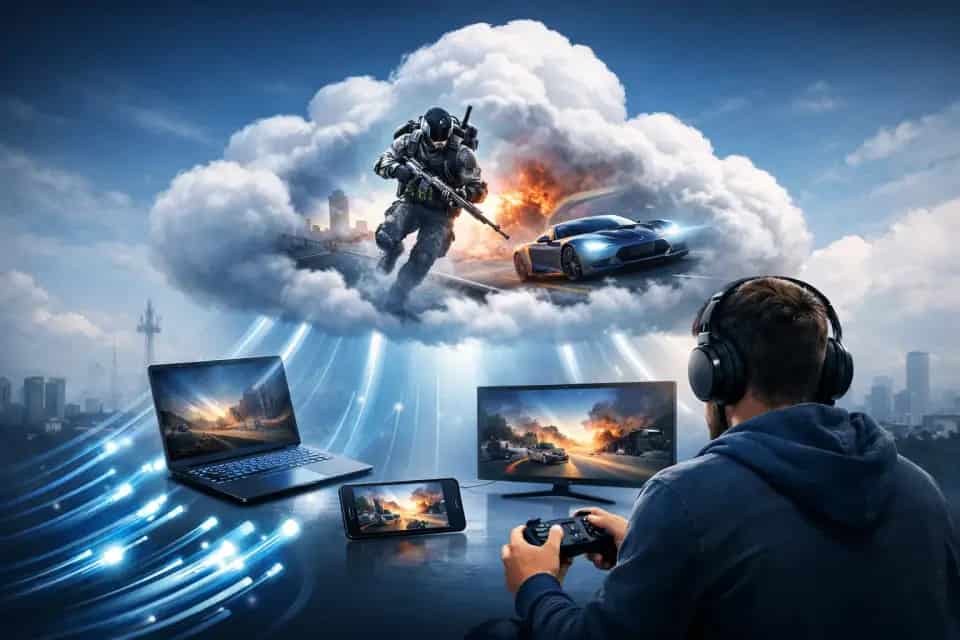 Gracz korzystający z usługi cloud gaming na telewizorze z padem w dłoniach