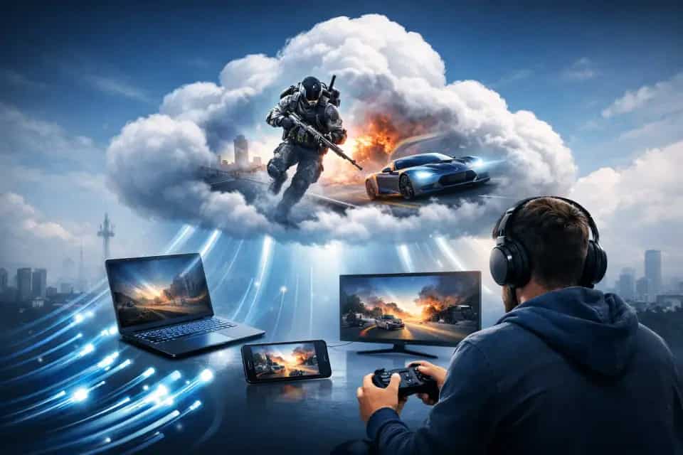 Gracz korzystający z usługi cloud gaming na telewizorze z padem w dłoniach