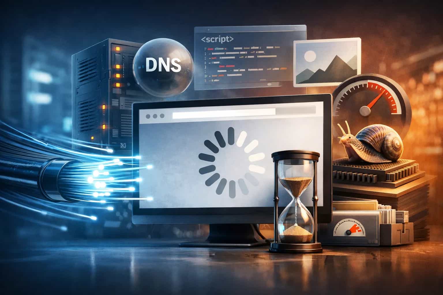 Ekran przeglądarki z wolno ładującą się stroną i wykresem wydajności