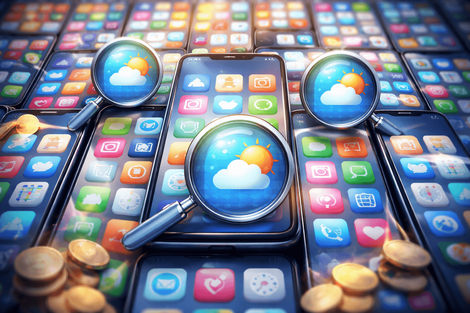 Ekran smartfona z ikonami aplikacji na tle sklepu mobilnego