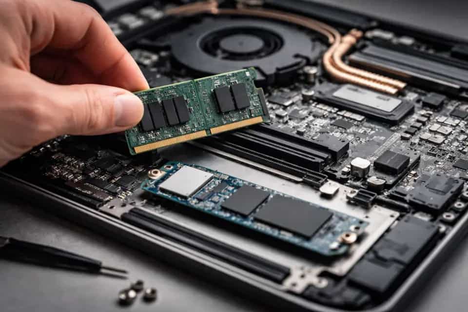 Wnętrze nowoczesnego laptopa z widoczną płytą główną, baterią i modułem SSD